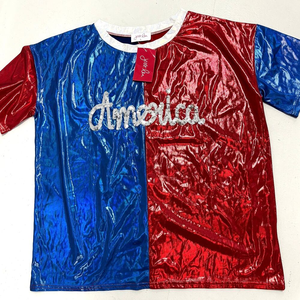 Jess Lea American Way Metallic Patriotic Tunic Top Sequins USA Red Blue L NWT